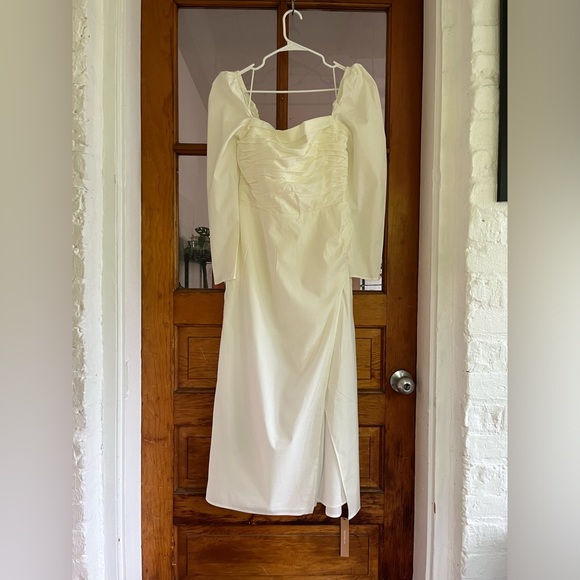 Reformation Isaac Dress in White Ivory Long Sleeves Midi Slit Cotton - Picture 6 of 13